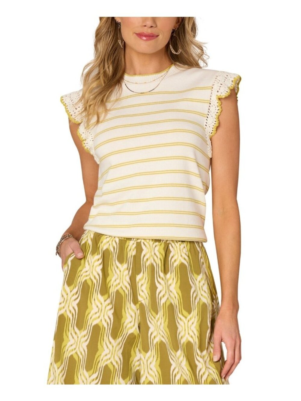 Democracy Women's Striped Crochet Flutter-Sleeve Sweater Top Ivory Size S $68